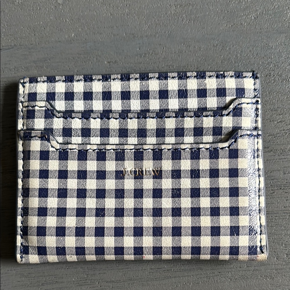 J.Crew Navy and White Gingham Leather Card Holder